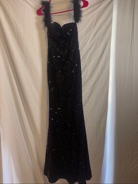 Black Sequin Strap Gown with Feather Trim